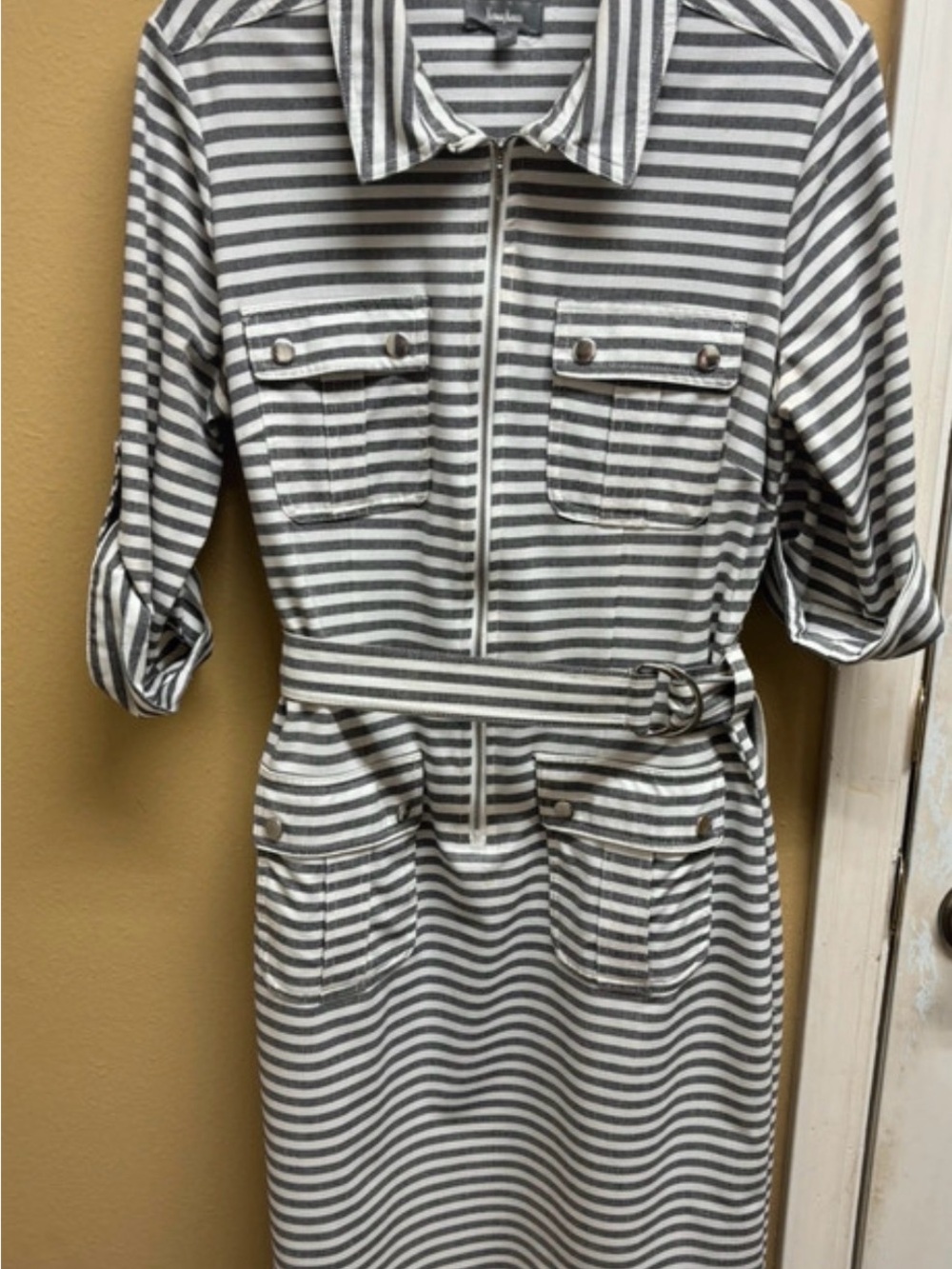 Neiman Marcus Grey and White Striped Belted Midi Dress
